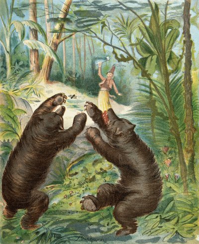 El barón Munchausen lanza su hacha de plata a los osos, de 